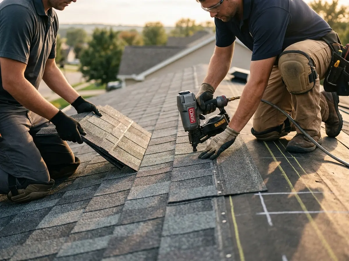 Professional roofer working on a residential roof in Green Lake